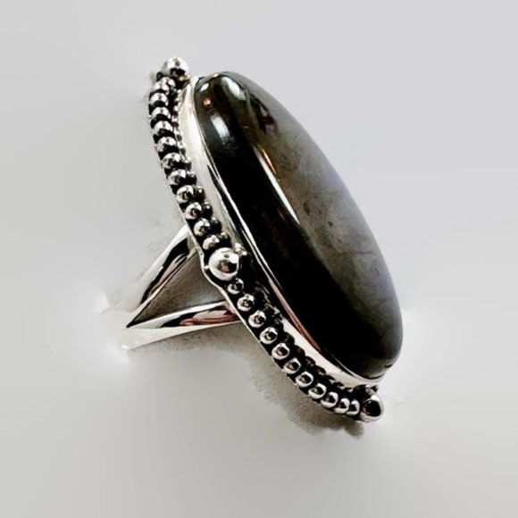 Labradorite Ring, Sterling Silver, Blue Stone, Size 5 3/4, 1 1/2" Long - Picture 4 of 6